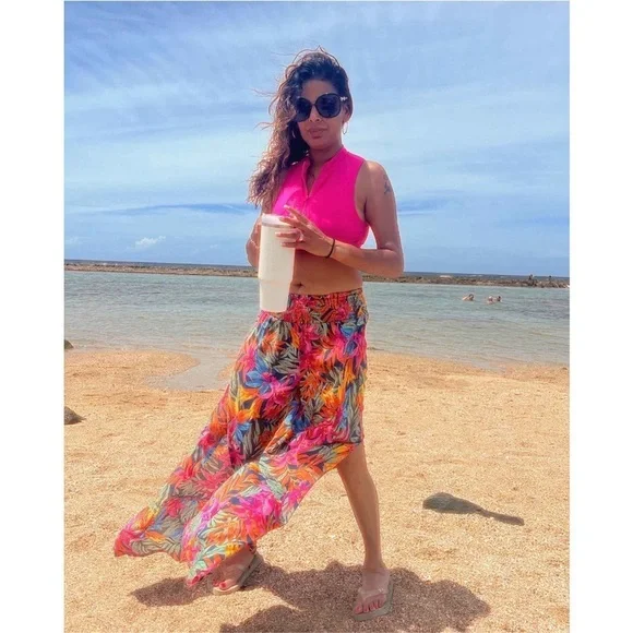 Women's Smocked Waist Side Slit Cover Up Pants - Multi Tropical
Floral Print - Picture 6 of 8